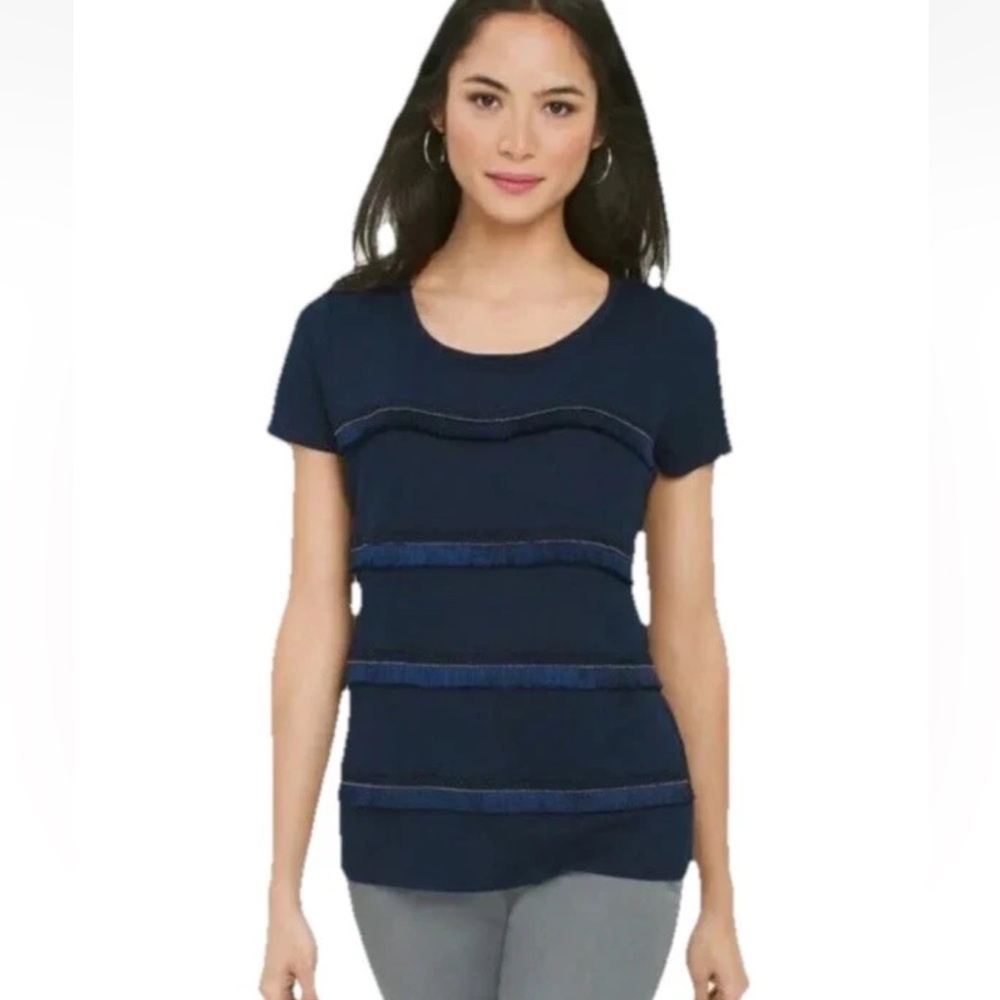 White House Black Market Blue Gold Stich Fringe Stretch Top 570192648